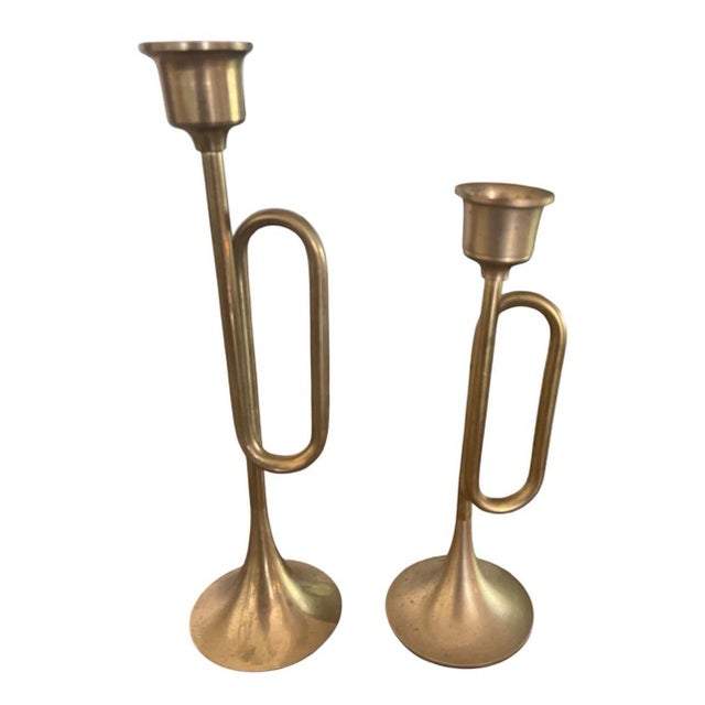 Metal MCM Vintage Brass Bugle Trumpet Shaped Stacked Candlestick Holders- Set of 3 For Sale - Image 7 of 8