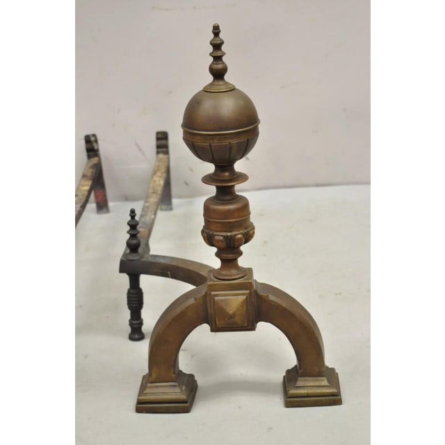 Traditional Antique English Federal Brass Cannonball Fireplace Andirons With Patina - Pair For Sale - Image 3 of 10