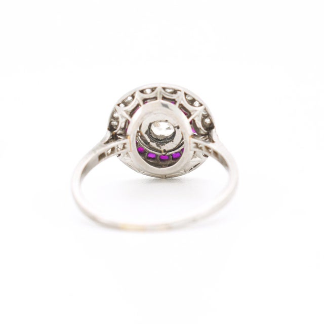 1930s Circa 1930 Antique French Art Deco Engagement Ring, Platinum, Diamonds, and Ruby Halo For Sale - Image 5 of 9
