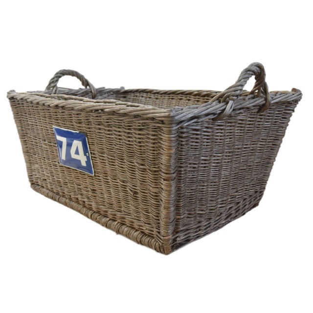 Large vintage French handmade woven wicker and willow market basket with braided rim and handles, sturdy woven bottom, and...