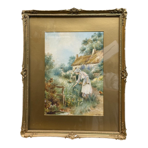 A Watercolor Painting of a Lady Picking Flowers by Mason
