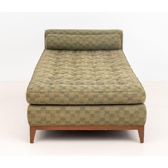 Danish Modern Teak Upholstered Daybed, with green checkered button tufted upholstery and matching lumbar pillow on four...