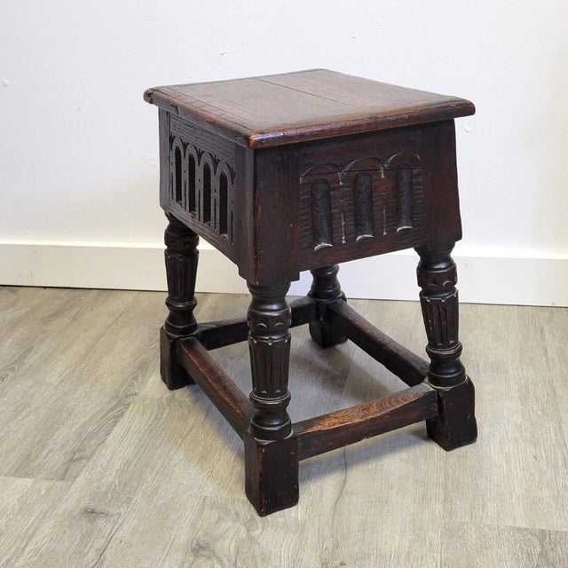 Wood English Oak Joint Stool in 17th-Century Gothic Style, Late 19th C For Sale - Image 7 of 11