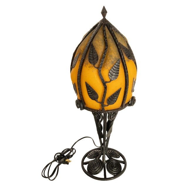 Large Antique French Art Deco Daum Glass & Edgar Brandt Iron Table Lamp 1920s For Sale In Portland, OR - Image 6 of 14