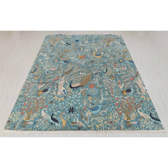 Textile Blue Peacock Birds Garden Scene Soft Hand Knotted Hand Spun Wool Rug 6x9Ft. For Sale - Image 7 of 18