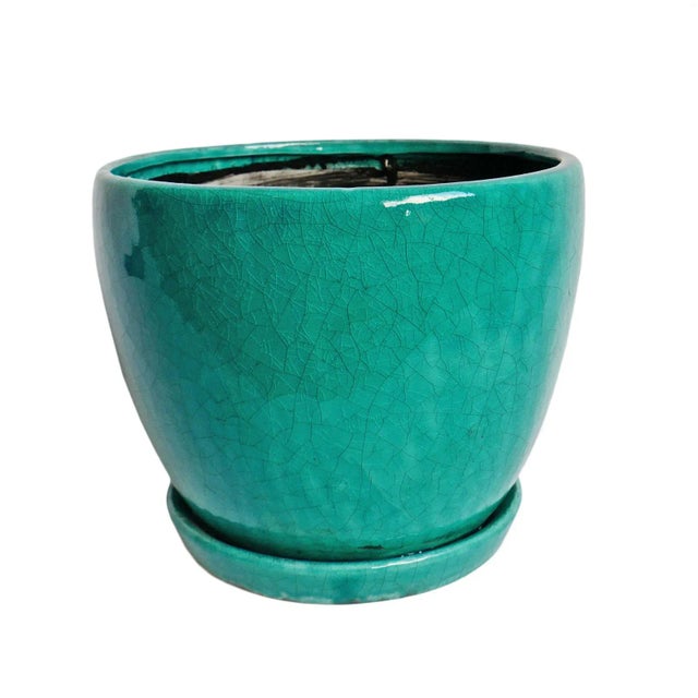 Transitional Vintage Turquoise Crackle Ceramic Pot For Sale - Image 3 of 3