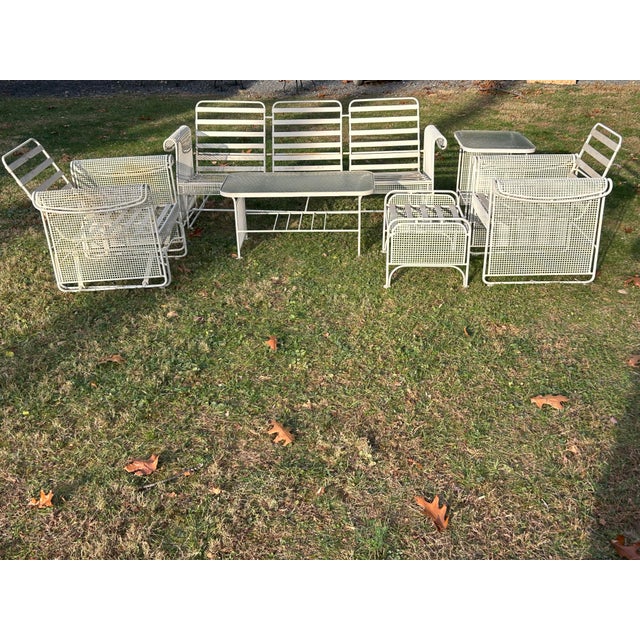 Metal Vintage Woodard Conversation Seating, Ottoman, & Tables, Attributed, 6 Pieces For Sale - Image 7 of 12