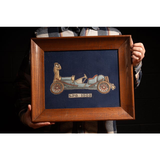 c. 1900s - 1910s Framed antique cloth car applique and identification badge on corduroy mat. S.P.O. is an acronym for...