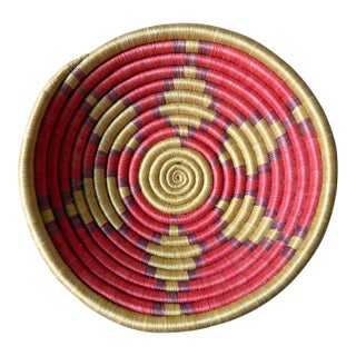 African Coiled Basket, 12 In. Diameter, Pink, Red and Natural For Sale