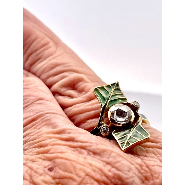 1930s 1930s Art Nouveau Diamond and Plique a Jour Ring, Size 6 For Sale - Image 5 of 13