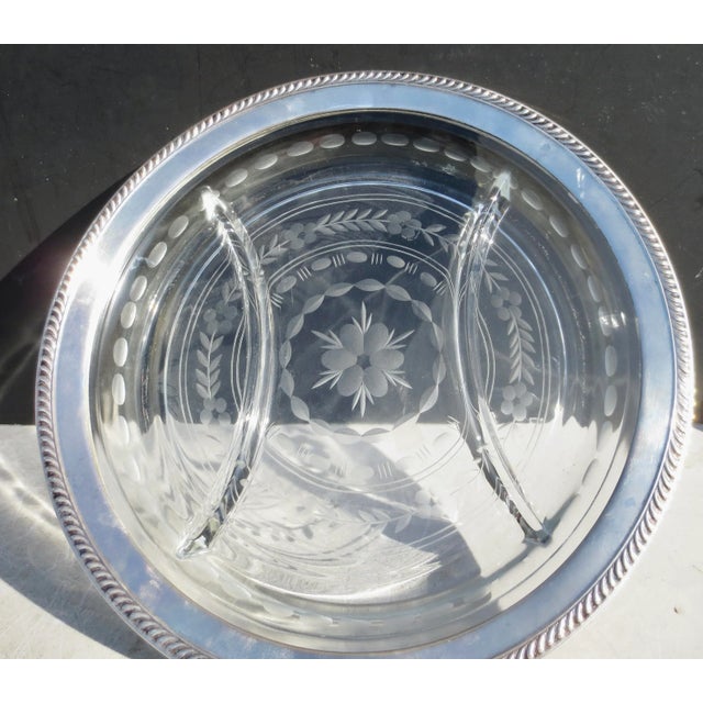 Three-part cut glass serving tray with shallow dividers in the design with Wallace sterling silver rim. Hand-cut , wheel-...
