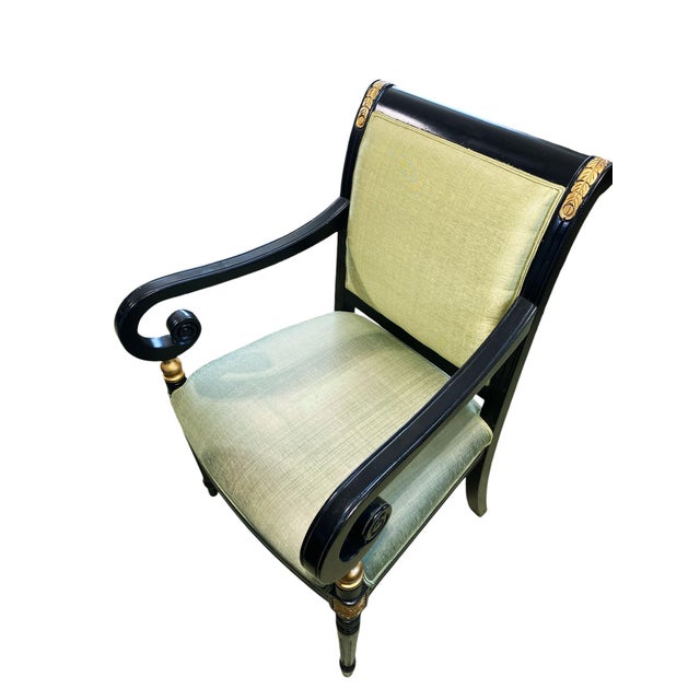 French Mid Century French Style Black Lacquer Wood ArmChair W/Thai Silk For Sale - Image 3 of 7