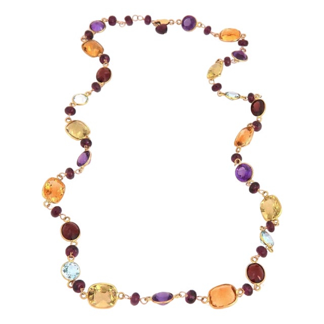 Multicolor 10k Yellow Gold Assorted Shape Gemstone Chain Necklace For Sale
