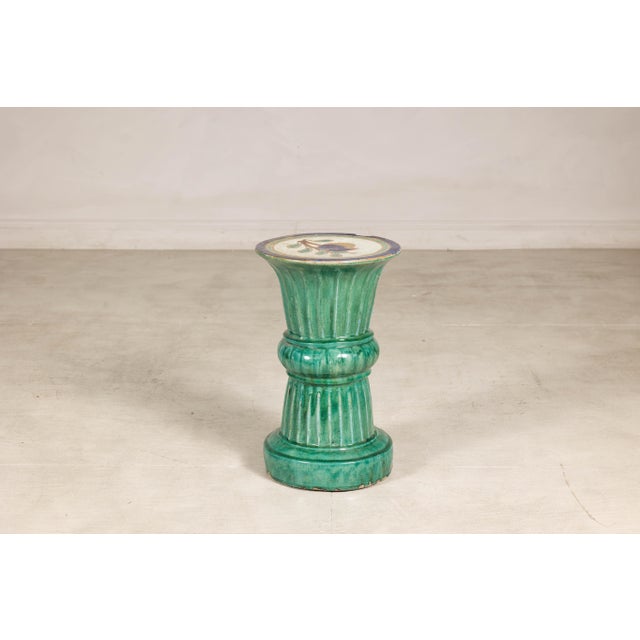 Antique Annamese Green Glazed Ceramic Pedestal with Floral Medallion For Sale - Image 11 of 12