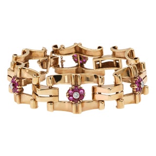 Vintage 0.15 Ct Natural Diamond and 1.20 Ct Ruby Bracelet in 14k Rose Gold For Sale