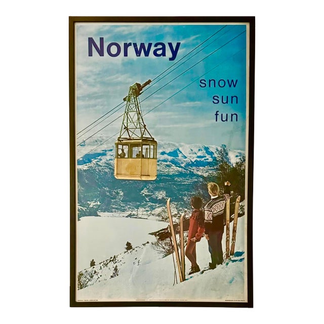 Vintage Norway Snow Sun Fun Ski Travel Tourism Framed 1967 Poster 41"h For Sale