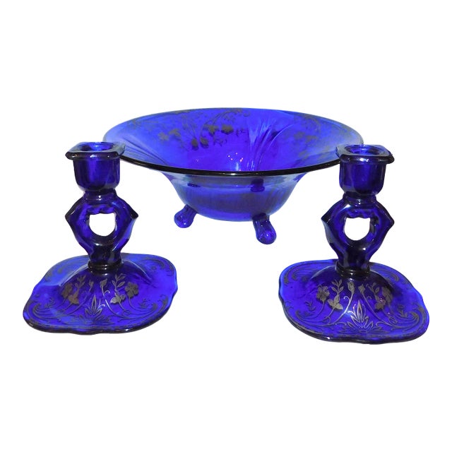 Vintage Colbalt Glass Garniture Set - 3 Pieces For Sale