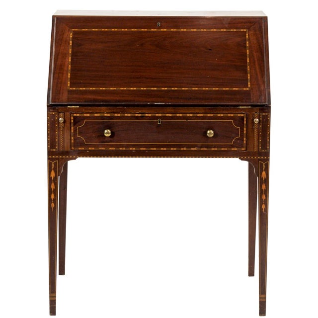 Hepplewhite Vintage Inlaid Slant-Front Secretary Desk Hepplewhite Sheraton Style W/ Owl Medallion With Key For Sale - Image 3 of 5