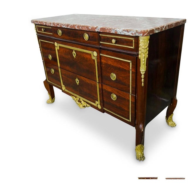 French Louis XVI Style Commode Ormolu Bronze, Wood and Marble Top For Sale - Image 3 of 11