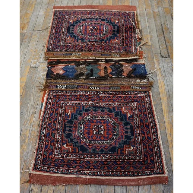Tribal 1900s Blue Navy Medallion Tribal Antique Persian Double Saddle-Bag Carpet 2'4" X 4'9" Carpet Rug For Sale - Image 3 of 12