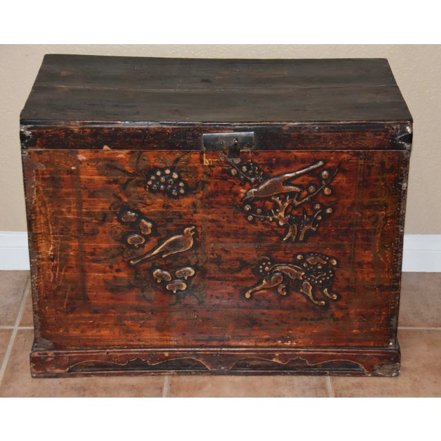 Antique Chinese Lacquer Hand Painted Coffer Carved Elm Wood Chest/Trunk For Sale - Image 9 of 9