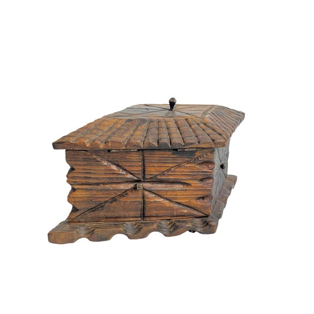 Mid 20th Century American Folk Tramp Art Carved Wood Box With Geometric Lid For Sale - Image 9 of 13