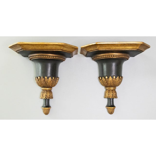 Mid-Century Neoclassical Italian Black & Gold Gilt Brackets Shelves - A Pair For Sale - Image 9 of 9