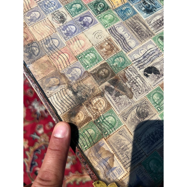 Antique Pennsylvania Folk Art Postage Stamp Decoupage Game Table, 1938 For Sale - Image 12 of 13