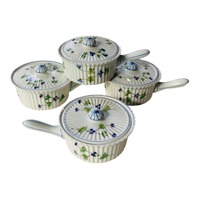 1930s French Art Deco Pot De Crème Set of 4 - Hand-Painted Porcelain With Lids, Diplomat's Estate For Sale
