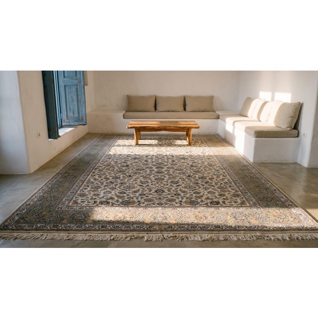 1940s Ivory Floral Antique Persian Formal Kashan Carpet 10' X 16' Knotted Pile Wool Rug For Sale - Image 13 of 15