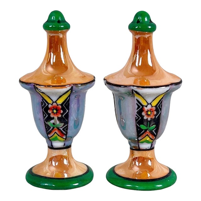 Vintage Japanese Lusterware Salt & Pepper Shakers Set – Hand-Painted Floral Art Deco Form - a Pair For Sale