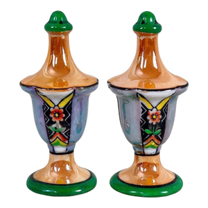 Vintage Japanese Lusterware Salt & Pepper Shakers Set – Hand-Painted Floral Art Deco Form - a Pair