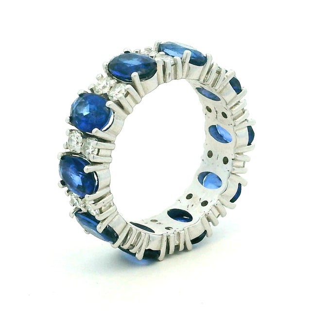 18k White Gold Thai Sapphire and Diamond Eternity Band, Size 6.5 For Sale - Image 13 of 14