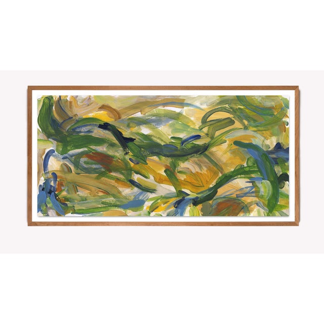 This wide format abstract print has a warm, delicious palette of deep greens, ochre yellow, and creamy blues. It has a 2:1...