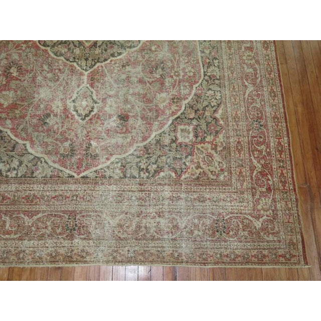Red Zabihi Collection Worn Room size Persian Tabriz Rug For Sale - Image 8 of 9