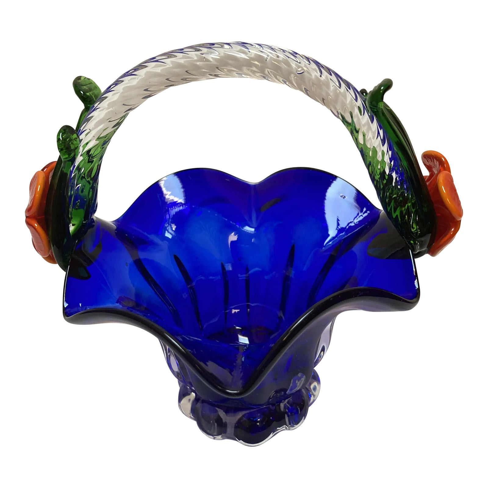 Late 20th Century Vintage Murano Cobalt Blue Glass Basket With Orange