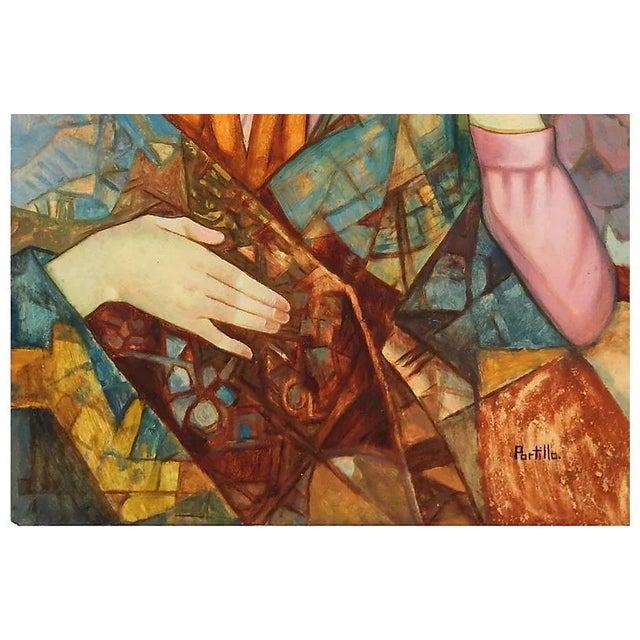 A substantial Modernist figural showing a young woman wearing a coral scarf and a patterned silk shawl, shown gazing...