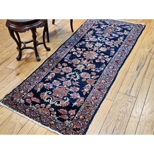 Antique Persian Lilian Runner Rug, Hand-Knotted Wool, Floral Design, Navy & Red, 3x7 For Sale In Chicago - Image 6 of 15