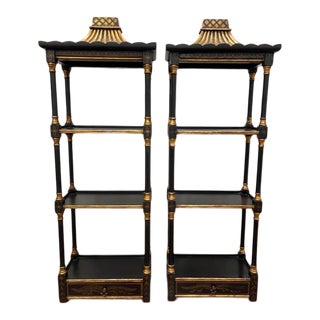 Pair Chinoiserie Pagoda-Style Curio Shelves/Etageres With Drawers For Sale