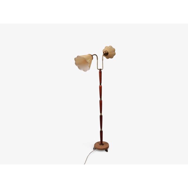 1950s Mid Century Modern, Double Light Floor Lamp, Wood, Brass, Fabric For Sale - Image 4 of 12