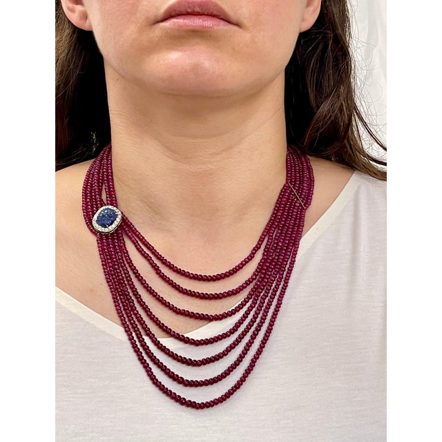 480 Ct 7 Layer Natural Smooth Ruby Bead Necklace 14k Gold Sapphire Diamond Clasp For Sale - Image 11 of 18
