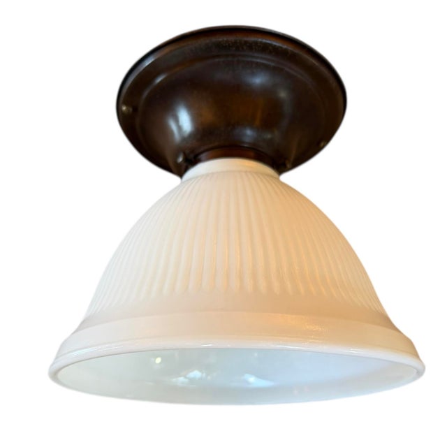 Mid-Century Modern Signed Vintage Stiffel Ribbed Milk Glass Flushmount Light Fixture For Sale - Image 3 of 5