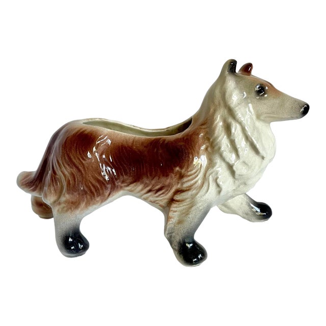 Mid-Century Ceramic Collie Dog Planter Figurine For Sale