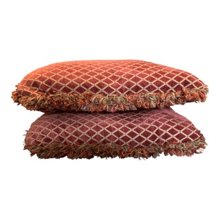 Pair of Oversized 24” Oxblood & Tan Diamond‑Lattice Jacquard Pillows With Luxe Multicolor Brush Fringe - Cottage Core - Club Room - French Country For Sale