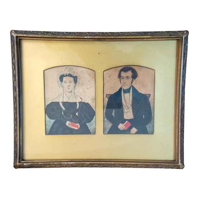 19th Century Folk Art Americana Miniature Double Portrait Water Color Paintings For Sale