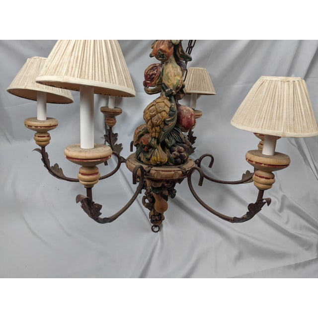 Mediterranean Vintage Italianate Polychrome Carved Wood Fruit & Iron 6-Light Chandelier For Sale - Image 3 of 15