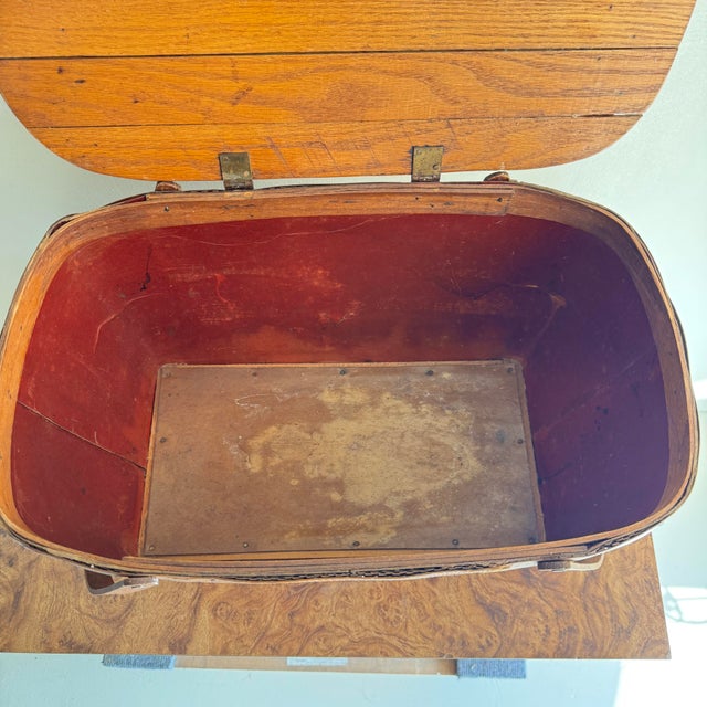 Wood Mid 20th Century Slatted Top Wooden and Wicker Picnic Basket For Sale - Image 7 of 8