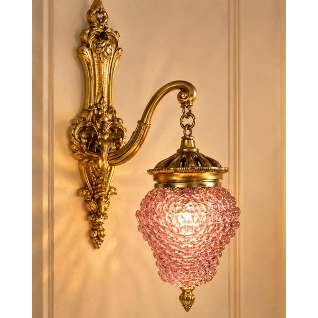 1980s French Louis XVI Gold Purple Crystal Wall Lamps Sconces-Pair For Sale - Image 4 of 14