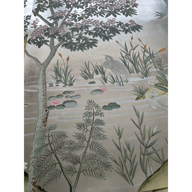 Silver Leaf Chinoiserie Hand-Painted Garden Mural With Peacocks & Egrets (Set of 3) For Sale - Image 4 of 4