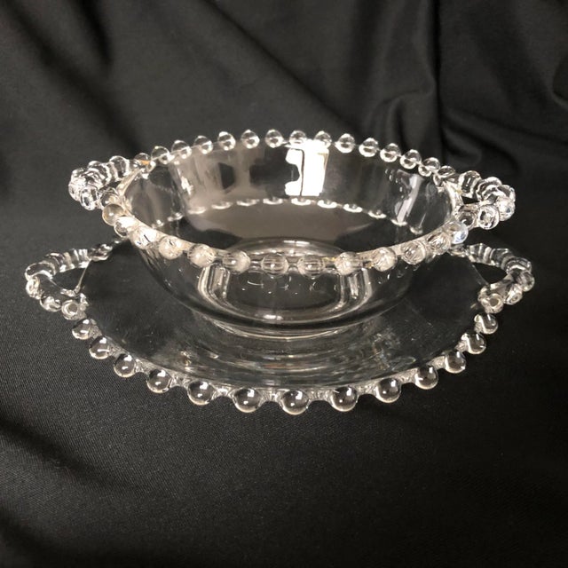 1950s Vintage Candlewick Glass Handled Mayonnaise Sauce Bowl & Plate For Sale - Image 5 of 6